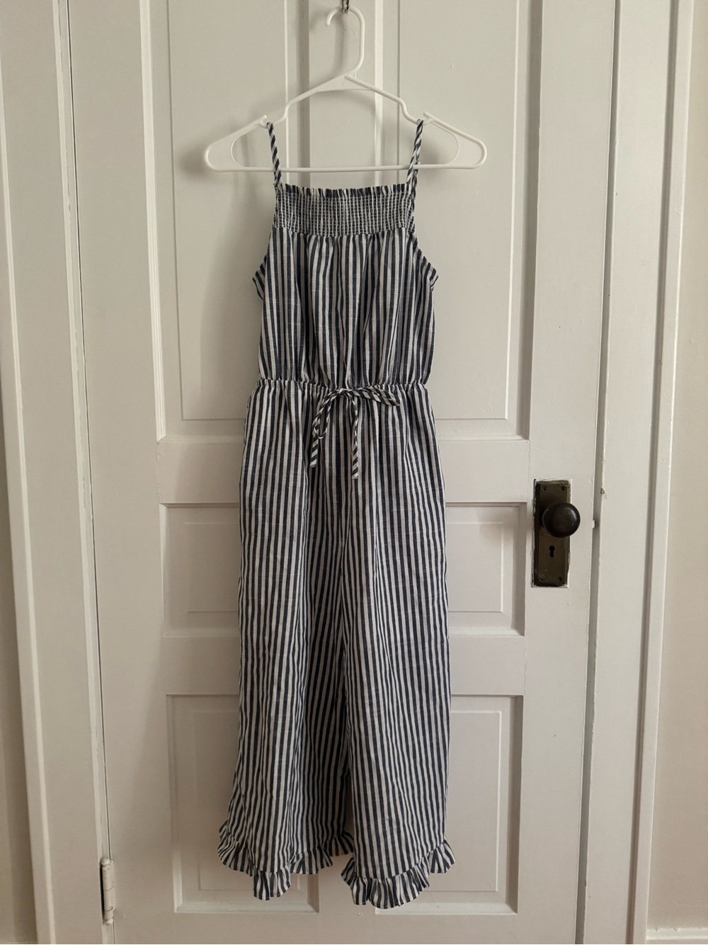 Striped Smocked Jumpsuit with Tie Waist and Pockets!